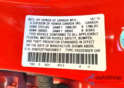 2016 Honda Civic Ex z USA, uszkodzony, nr VIN 2HGFC2F74GH548317